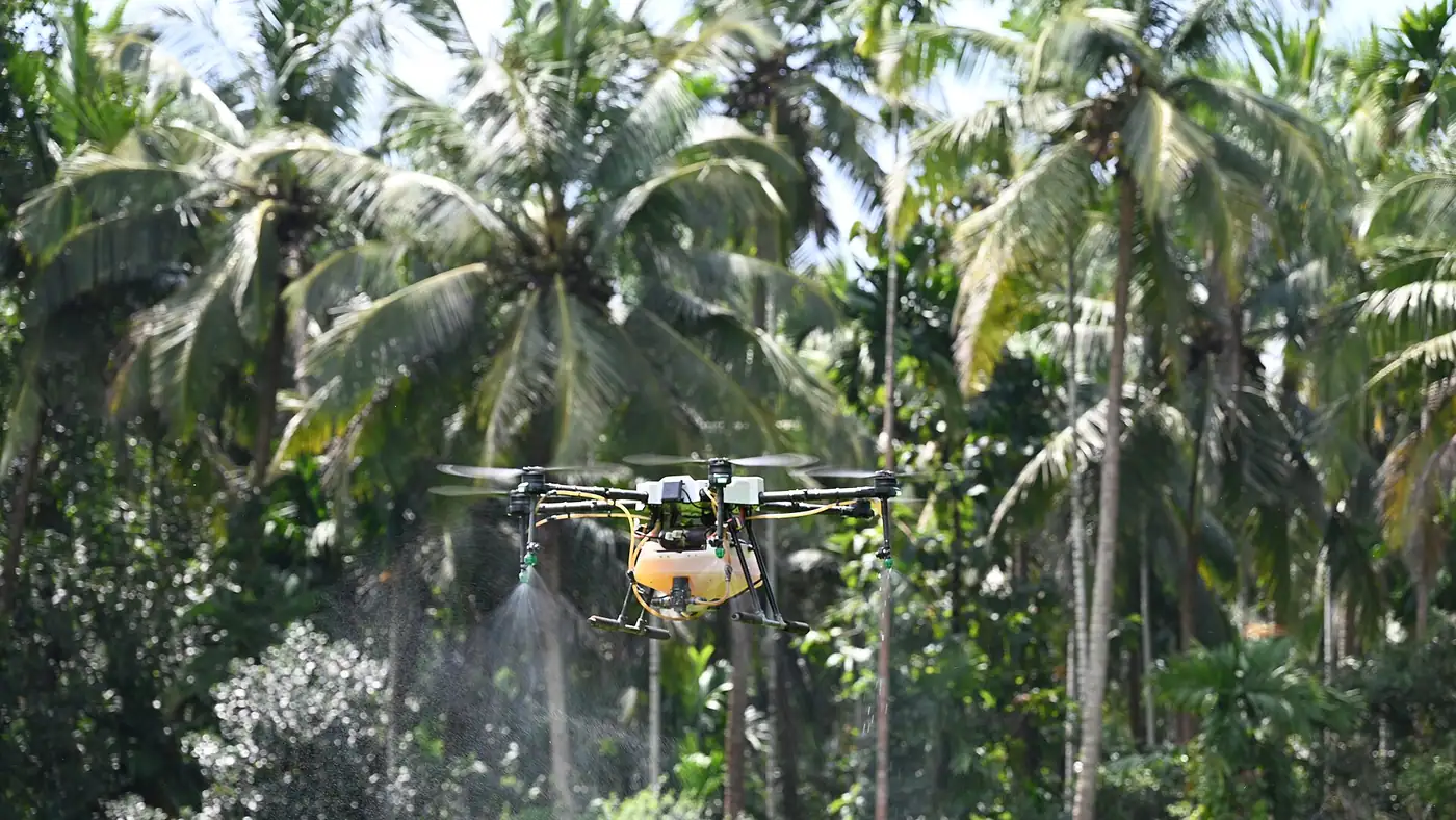 Agricultural spraying drone close up
